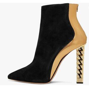 FSJ Black/Gold Pointed Toe Ankle Boot Chunky Gold High Heel Zipper Prom Shoes